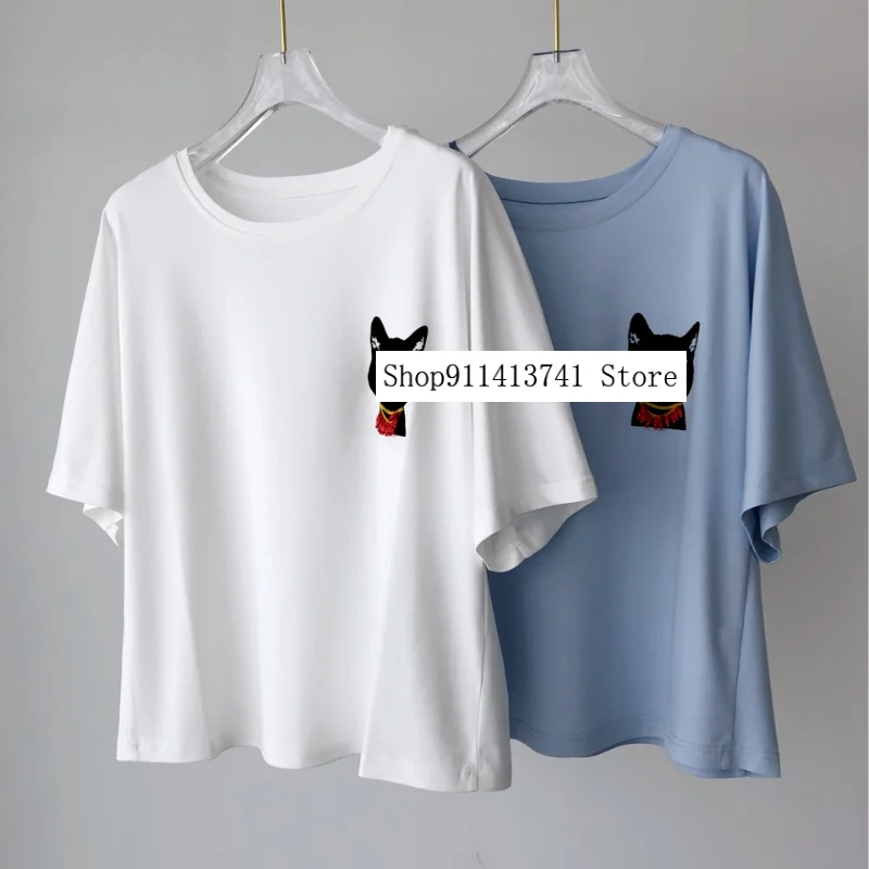Cotton Blue and White Loose T Shirt for Women