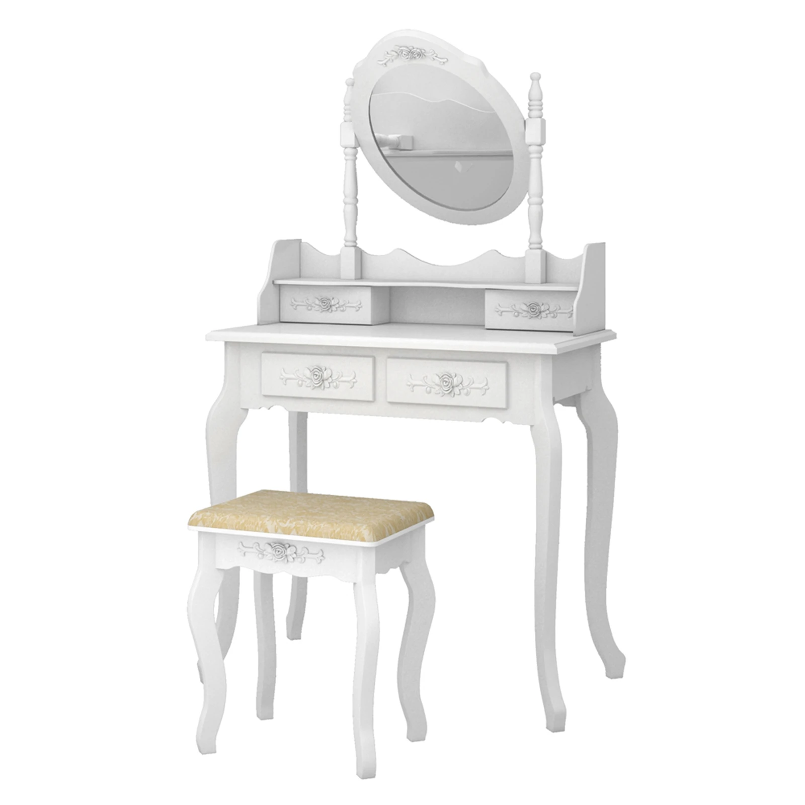 

Dressing Table Modern Concise 4-Drawer 360-Degree Rotation Removable Mirror Dresser White with Dressing Table Stool