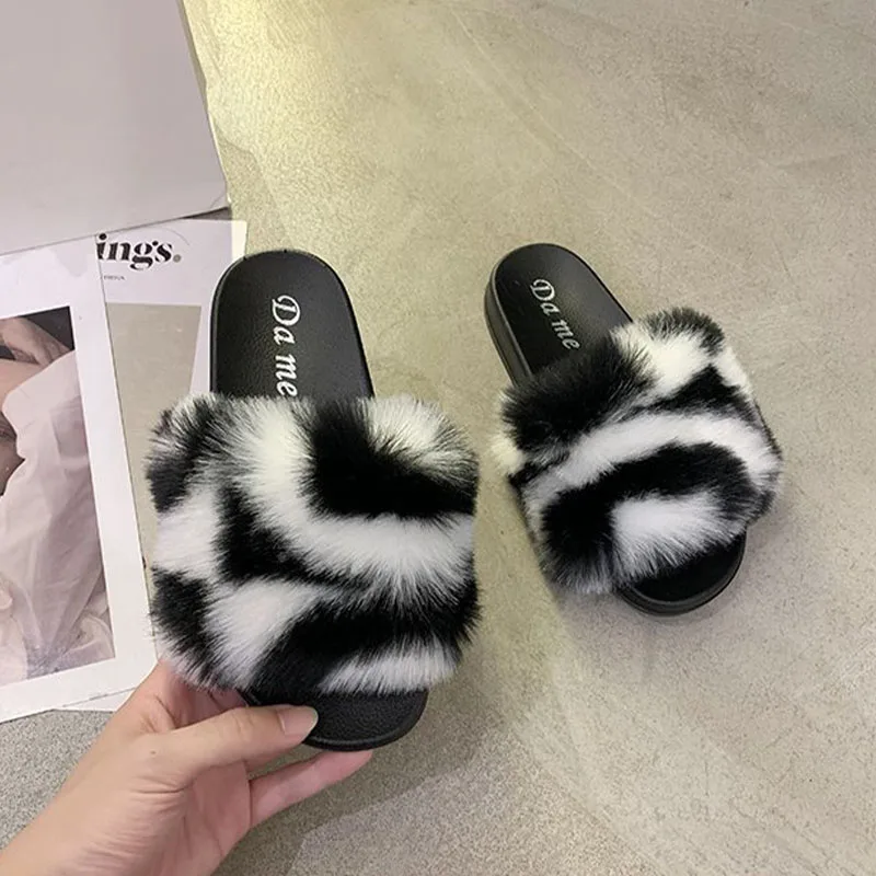 Сланцы женские с искусственным мехом розовые пушистые сандалии Нескользящие