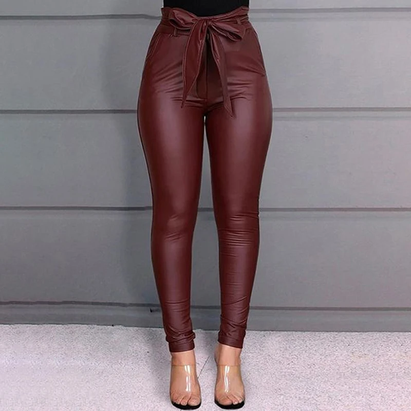 

Women's Pu Leather Leggings Casual Elegant Stretch Pencil Pants High Waist Sexy Bowknot Fashion Wild Leggings