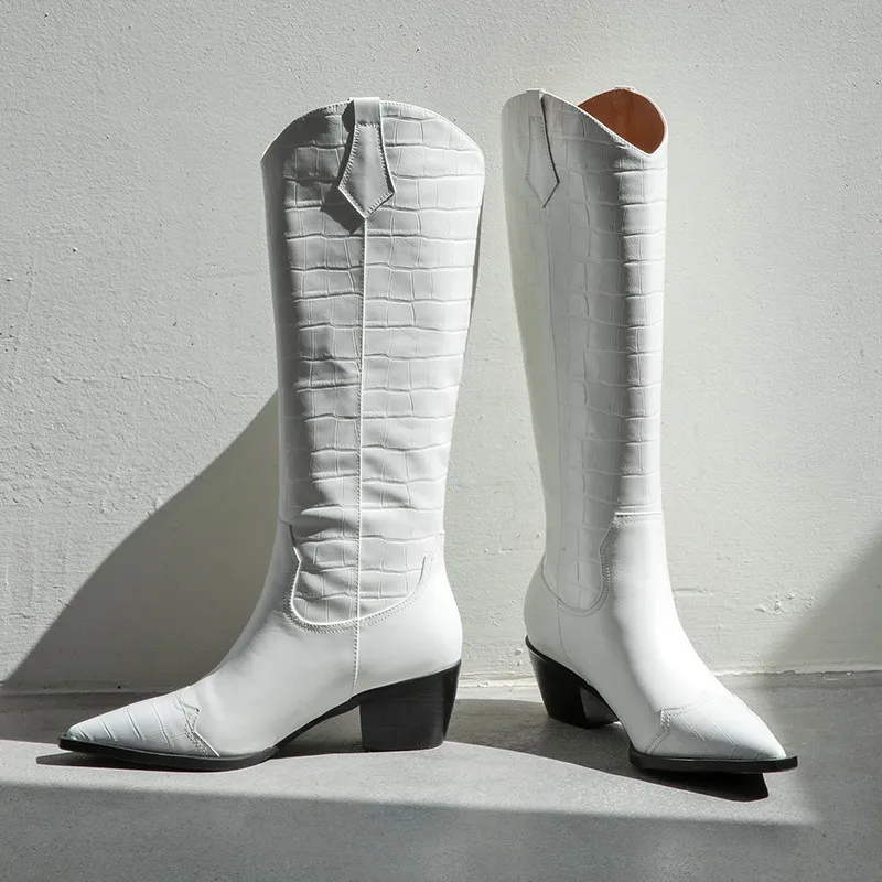 

New Fall Leather Handsome Women Black White Riding Boots Texture Pointed Mid Heel Knee-Hige Ladies Shoes Slip-on Mujer Bombas
