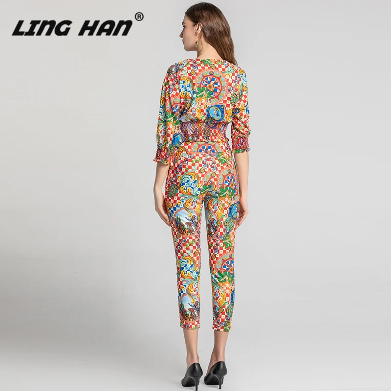 

LINGHAN Vintage Print Sets Sexy V-neck Short Blouse Top + Lace Up Pencil Pants Two-piece set Designer Spring Summer New