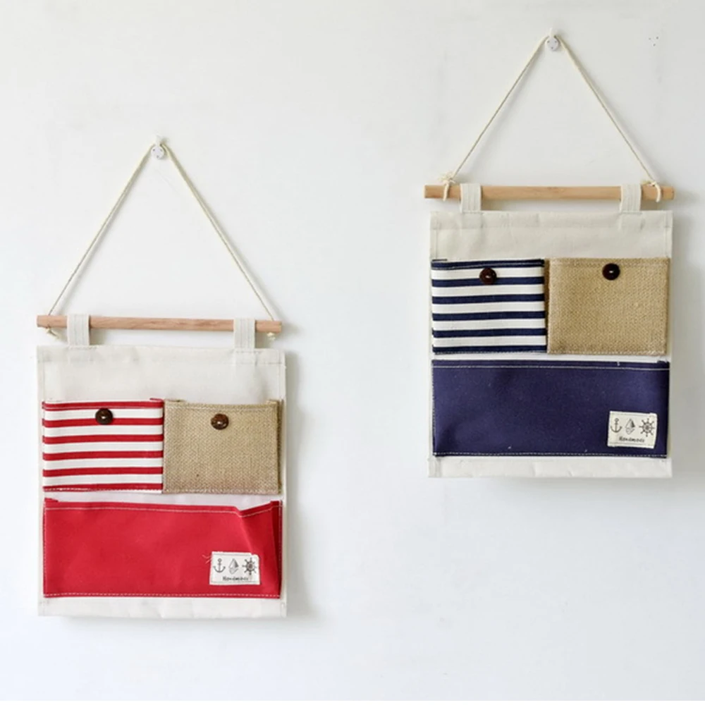 Полосатые комбинированные Висячие Сумки для хранения льняные тканевые карманы