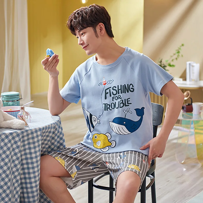 Пижама с коротким рукавом Fish Cartoon Song мужская женская повседневная летняя 2021 |