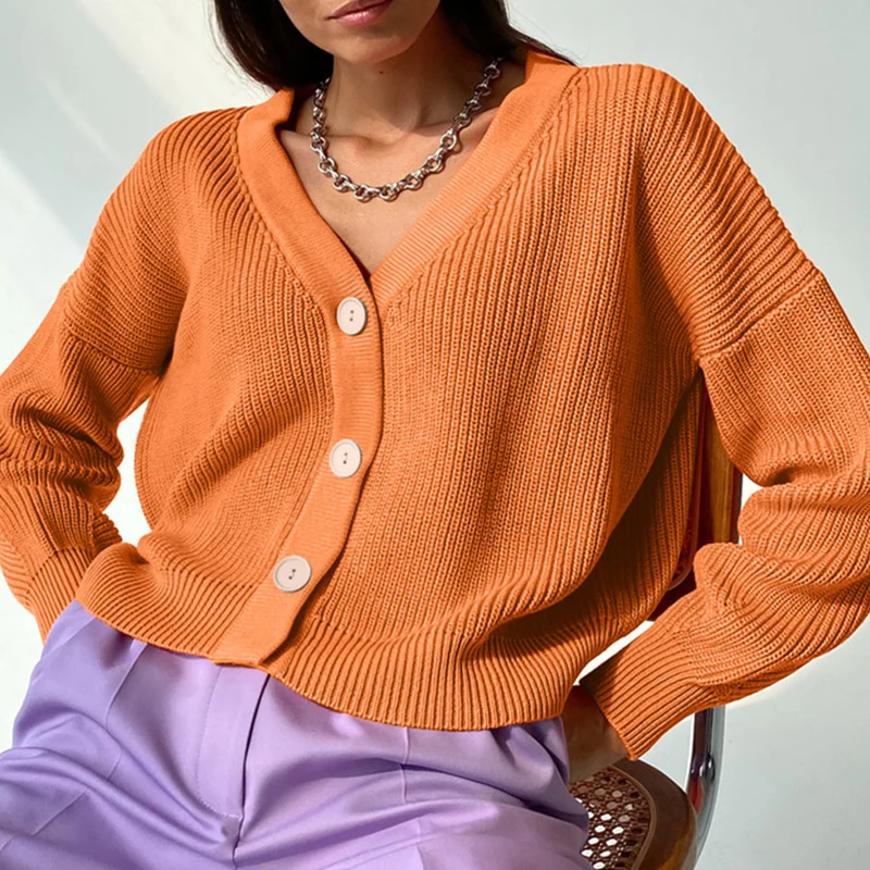 

Вязаный Свободный кардиган с V-образным вырезом, Женские Повседневные свитера с рукавами-фонариками, пальто на пуговицах, Женские базовые о...