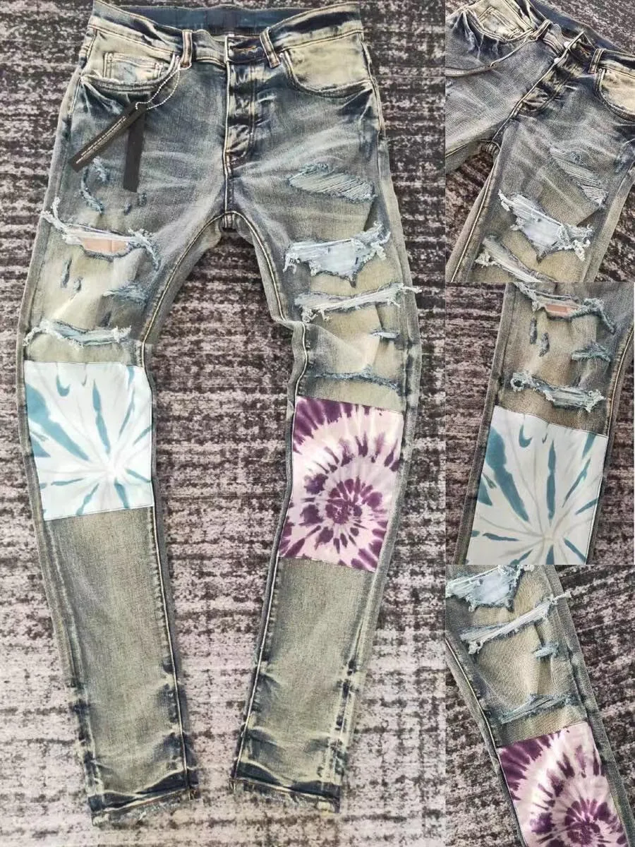 DISCOUNTED men tie dye patches distressed jeans HM338