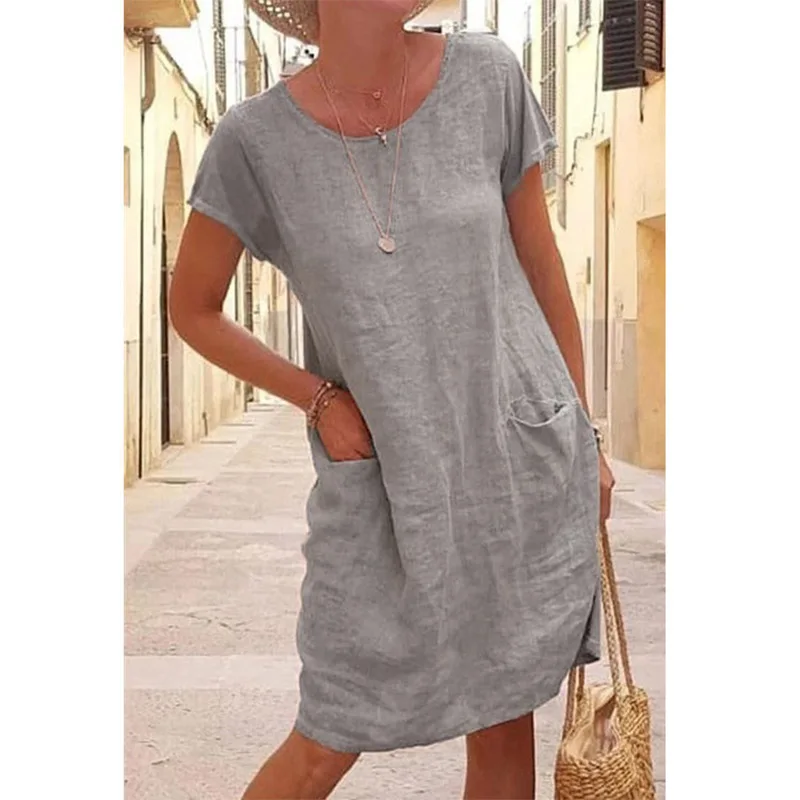 Женское хлопково-льняное платье с коротким рукавом круглым вырезом и карманами |
