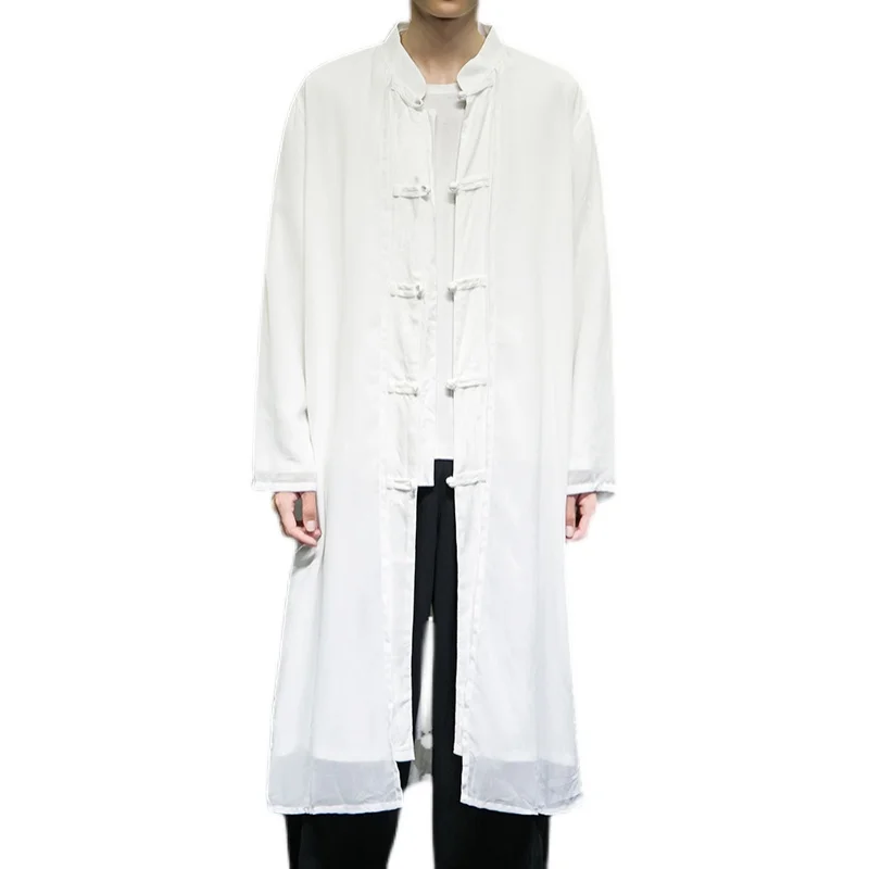 Тренчкот мужской из льна и хлопка длинная свободная ветровка в китайском стиле