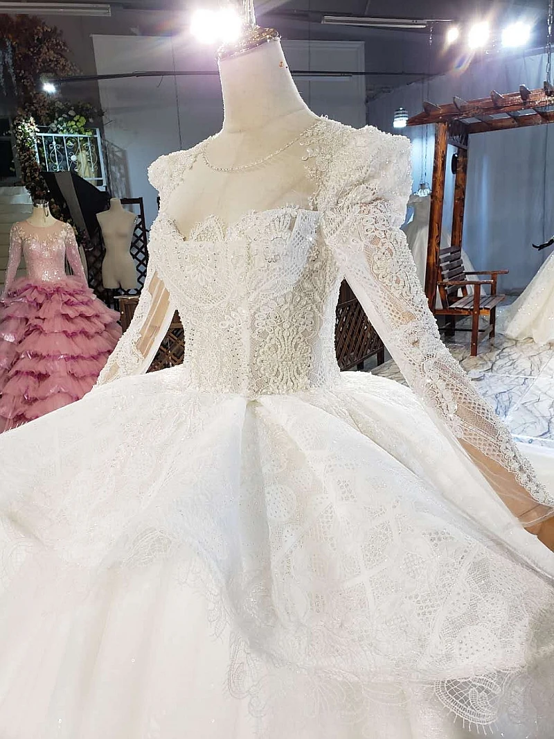 

Full Lace Beading Wedding Dress With Long Sleeves Bridal Ball Gown High Quality Princess Long Train Dresses Vestido de Novia