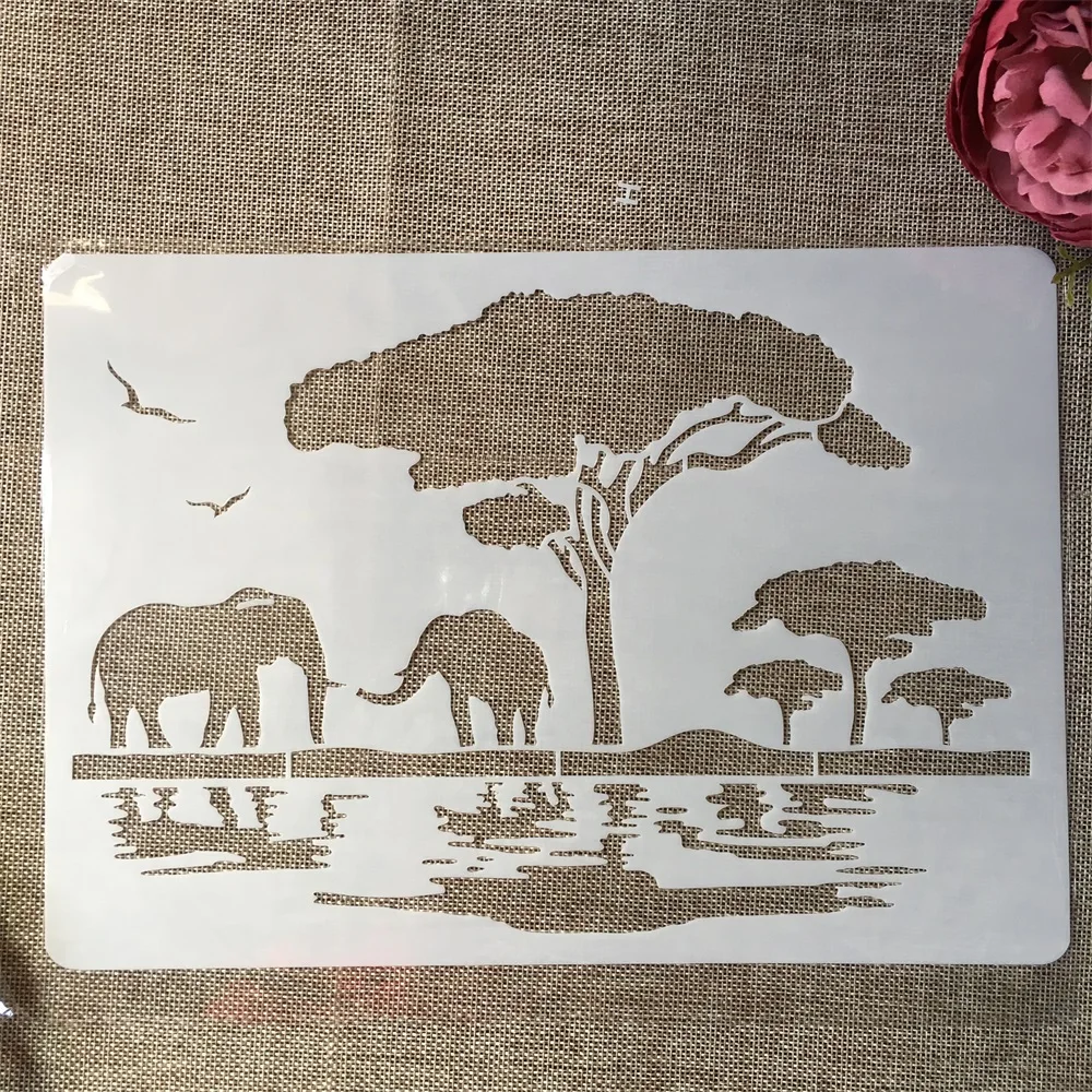 1Pcs A4 29cm Elephant Wild Africa DIY Layering Stencils Wall Painting Scrapbook Coloring Embossing Album Decorative Template