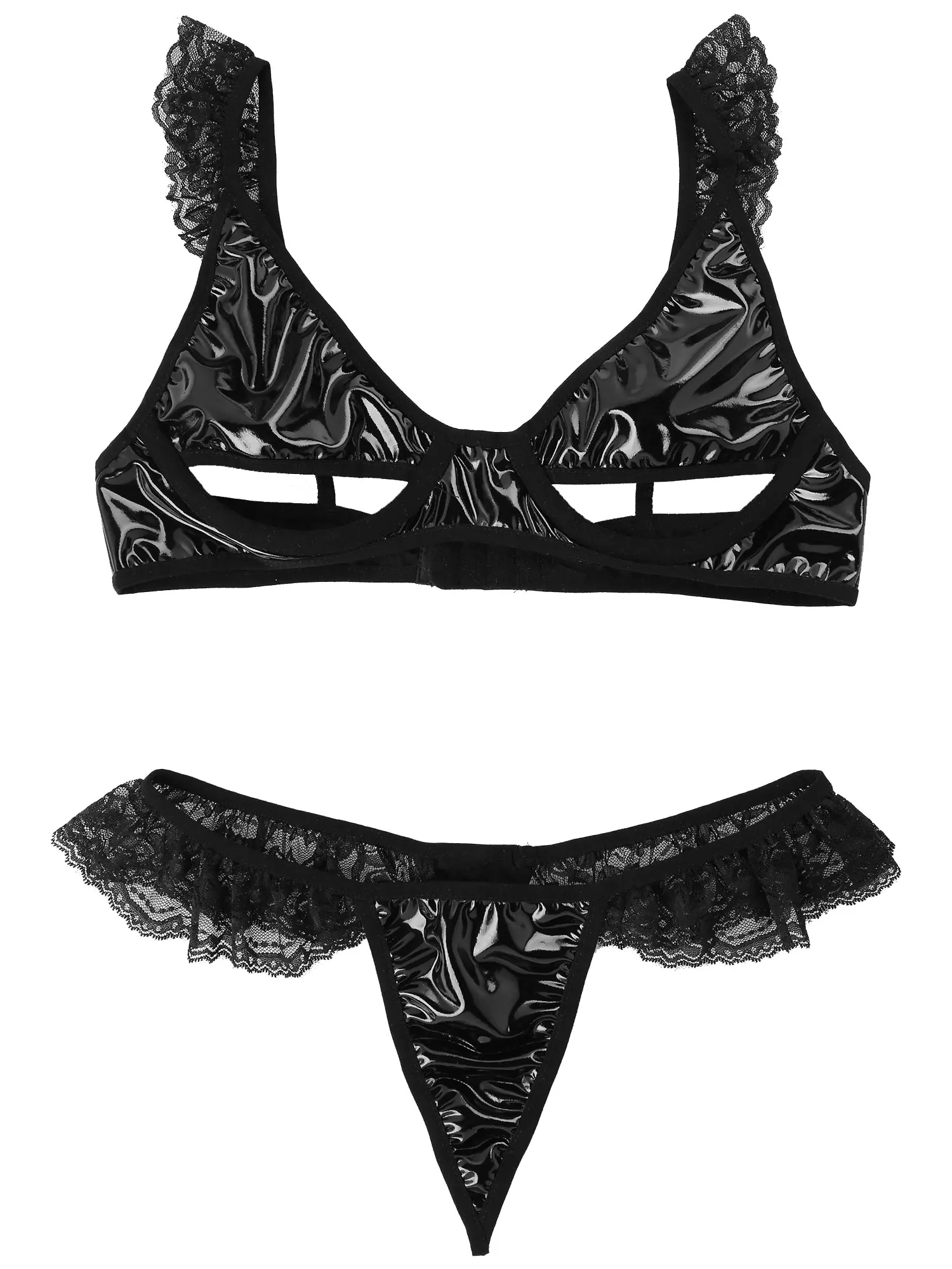 

Womens Erotic Babydoll Lingerie Set Metalic Lace Embroidered Underwire Bra and G-String Thong Briefs Panties Sexy Underwear Set