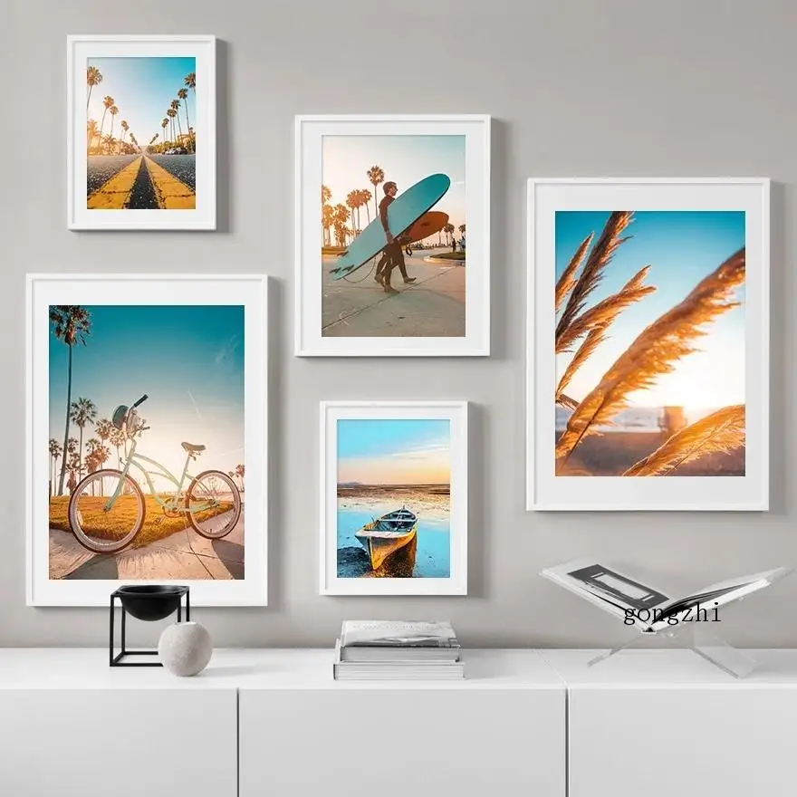 

Северные постеры С закатом серфинга мальчика велосипеда тростник природный пейзаж Картина на холсте и принты настенные картины для декора гостиной