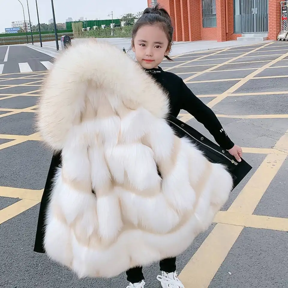 New 2020 Winter Faux Fur Jackets Coat Long Fur Collar Parka Warm Outerwear High Quality Baby Girl Winter Hooded Coat For 3-14