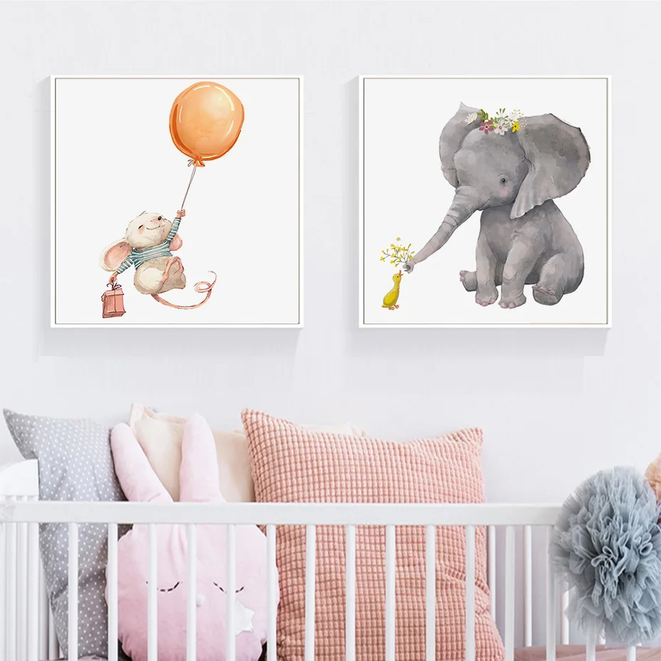 Kawaii слон Банни Холст Плакаты фотокартины картины печать детская комната