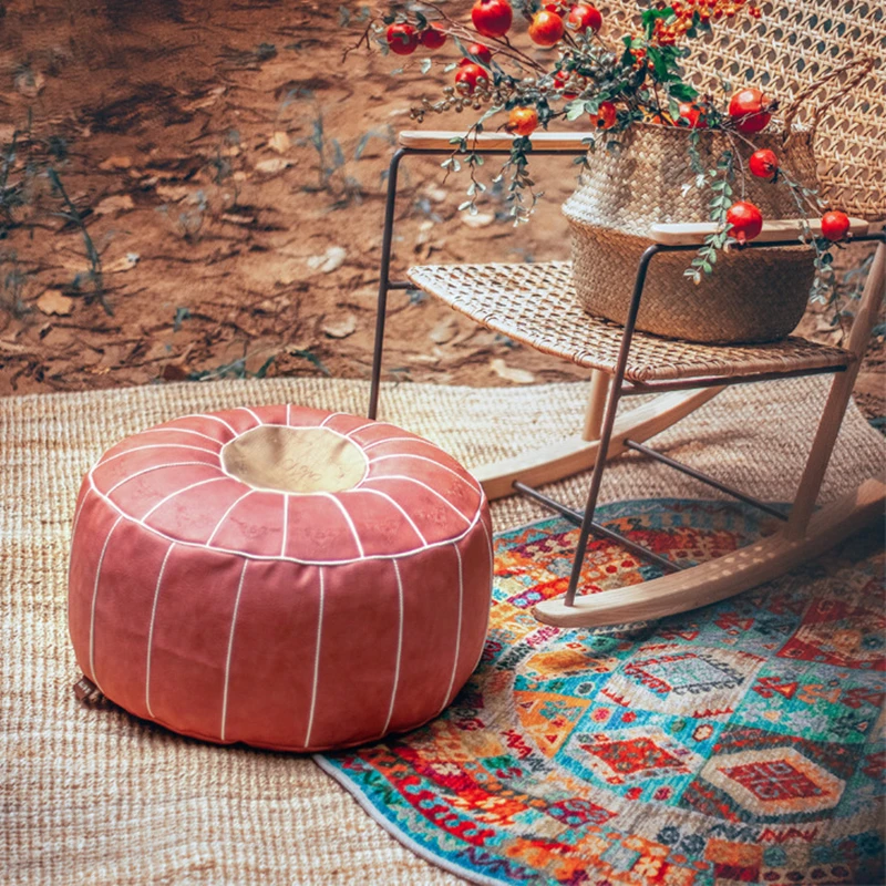 PUF de cuero sintético marroquí, taburete otomano redondo grande de 55x55x30cm, bordado artesanal, cojín de cuero Artificial sin relleno, 1 pieza