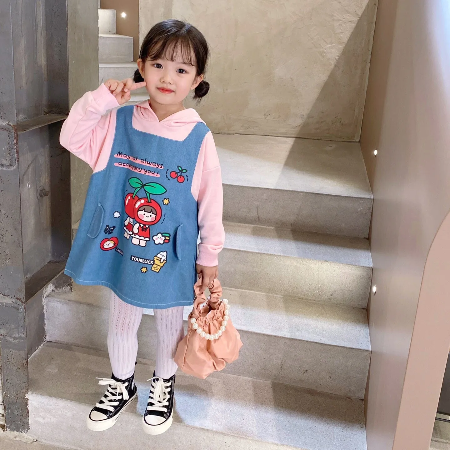 

Girls fake two-piece printed dress autumn long-sleeved hoodie sweet sweatshirt dress 2021 New Arrive
