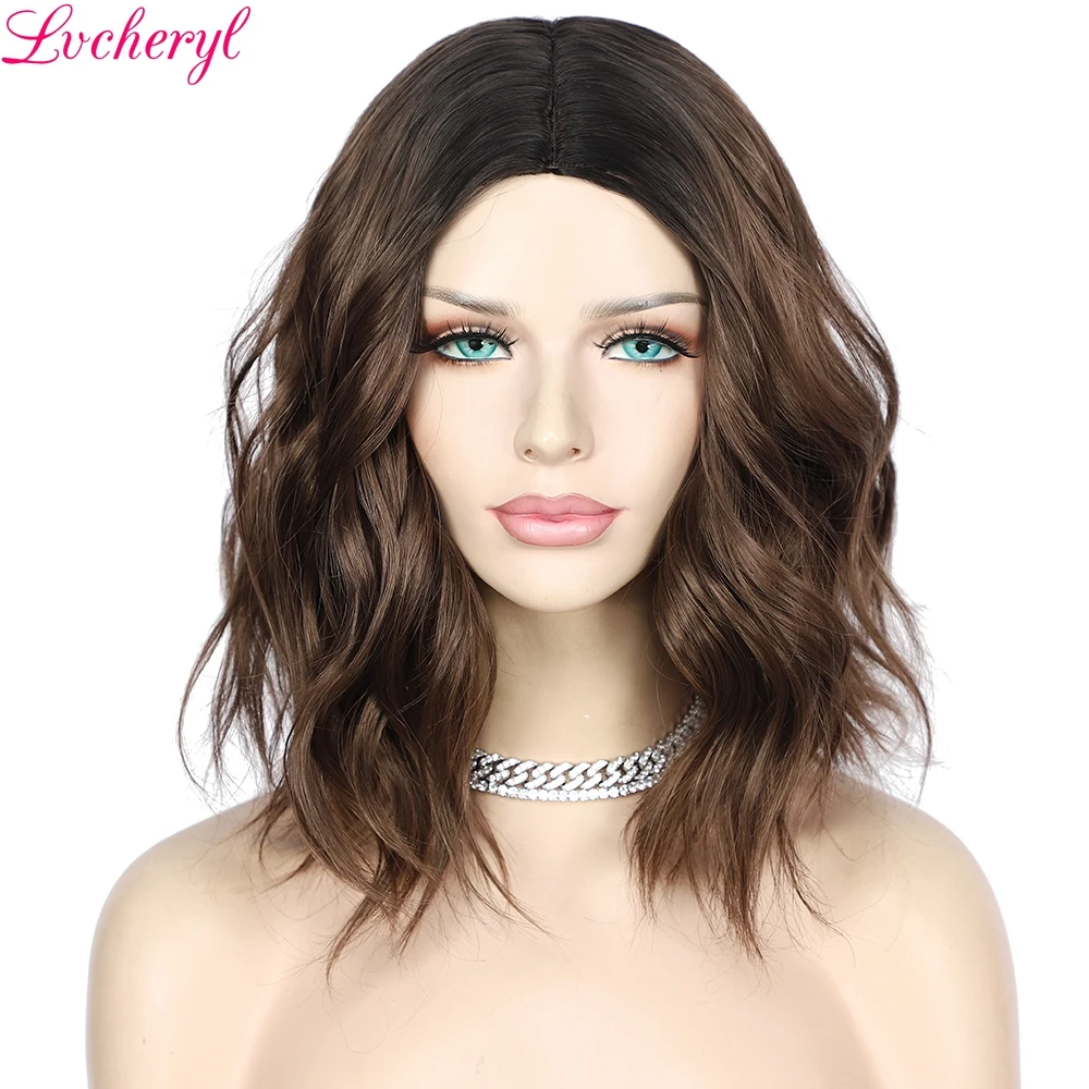 

Lvcheryl Short Ombre Brown Synthetic Wig Machine Made Simulated Scalp Wave Wig High Temperature Wig Party Cosplay Drag Queen