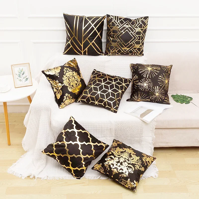 

Black Gold Pillow Gometric Cushion Wrap Hot Stamping Throw Pillows For Chairs Seat Pillowcase Decor Home Livingroom Decoration
