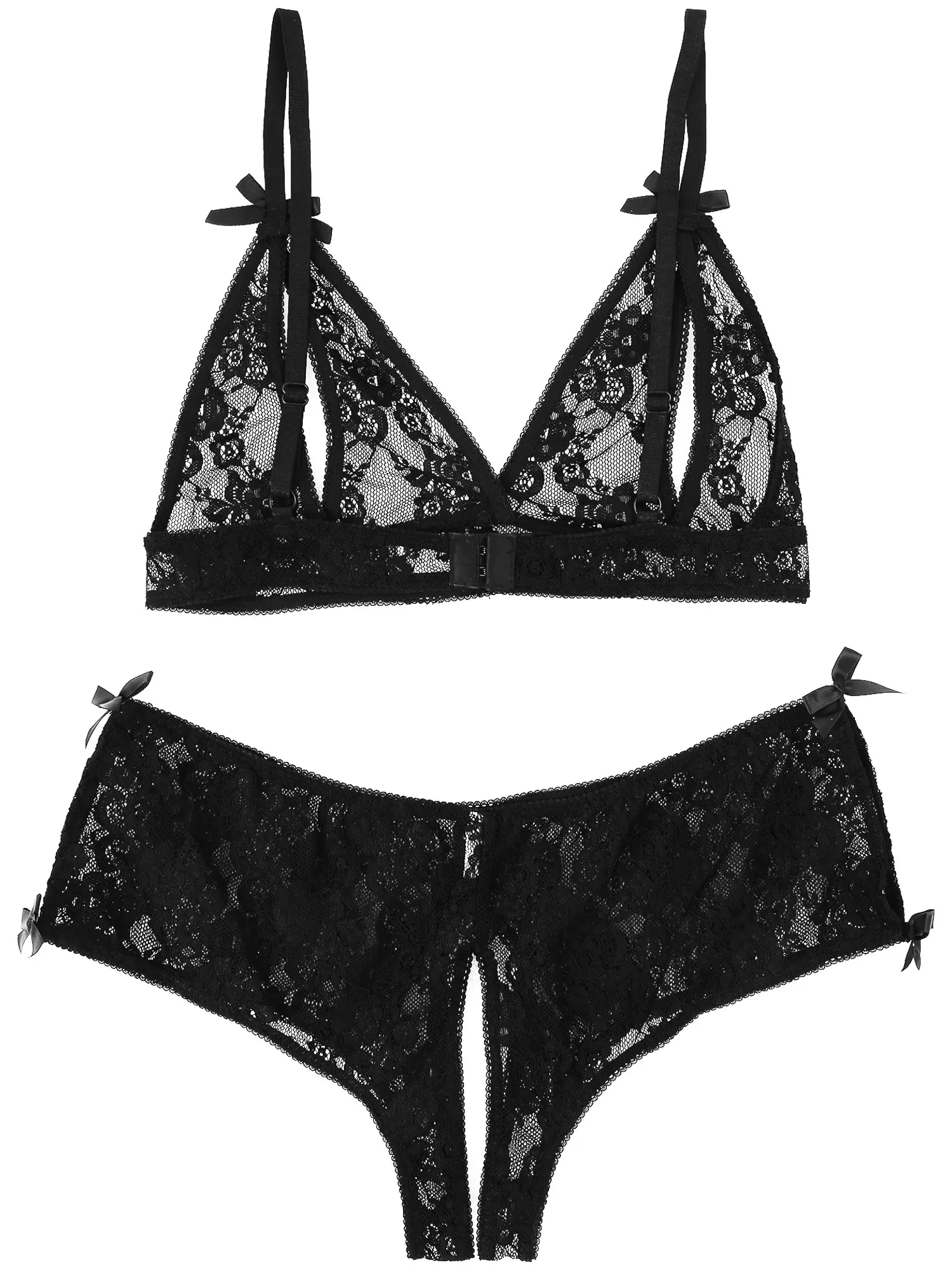 

Womens Sexy Panties and Bra Set Erotic Costume See Through Bow Knot Lingerie Suit Open Cup Lace Crotchless Underwear Nightwear