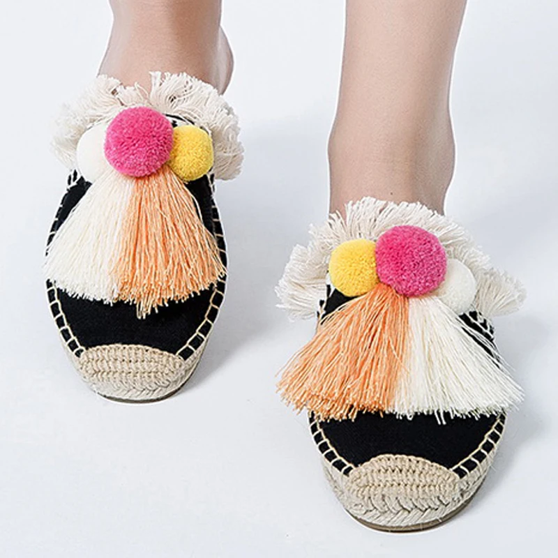 

Tassel shoes women sandals Ethnic Ball Furry Slippers women shoes Rubber Hemp Mules shoes ladies Comfortable Espadrilles slides