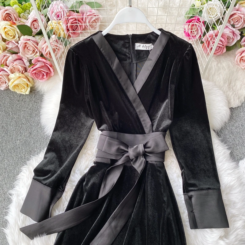 

JCHB 2021 Fashion Woman Dress Vintage Black Dress Female Long Sleeve Elegant Dresses for Women V-neck Spring Autumn Vestidos Pp