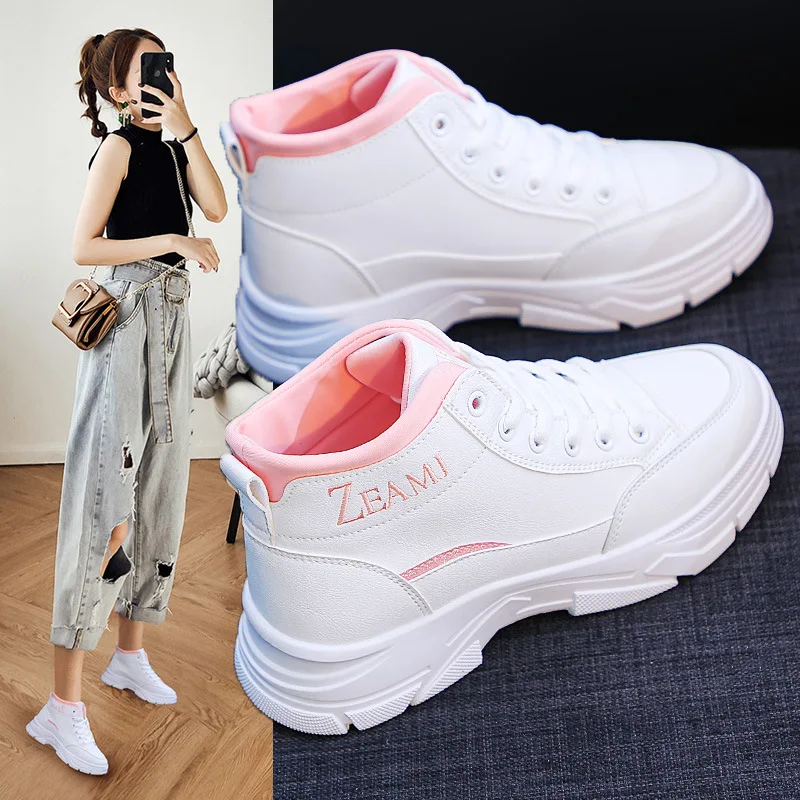 

Женские высокие кроссовки, однотонная повседневная обувь на платформе, со шнуровкой, 2022