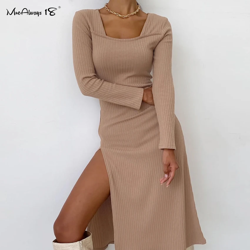 

Mnealways18 Split Sexy Solid Knitted Dress Long Sleeve Khaki Ribbed Casual Women Dresses Midi Autumn Winter Ladies Bodycon Dress