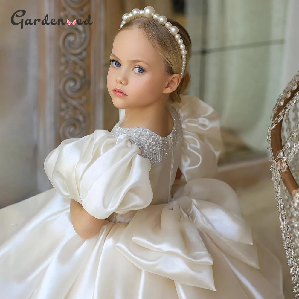 

Puffy Tulle Layers Flower Girl Dress Ivory Organza Girl Wedding Party Dress Cute Ball Gown Elegant Princess Dresses 2021