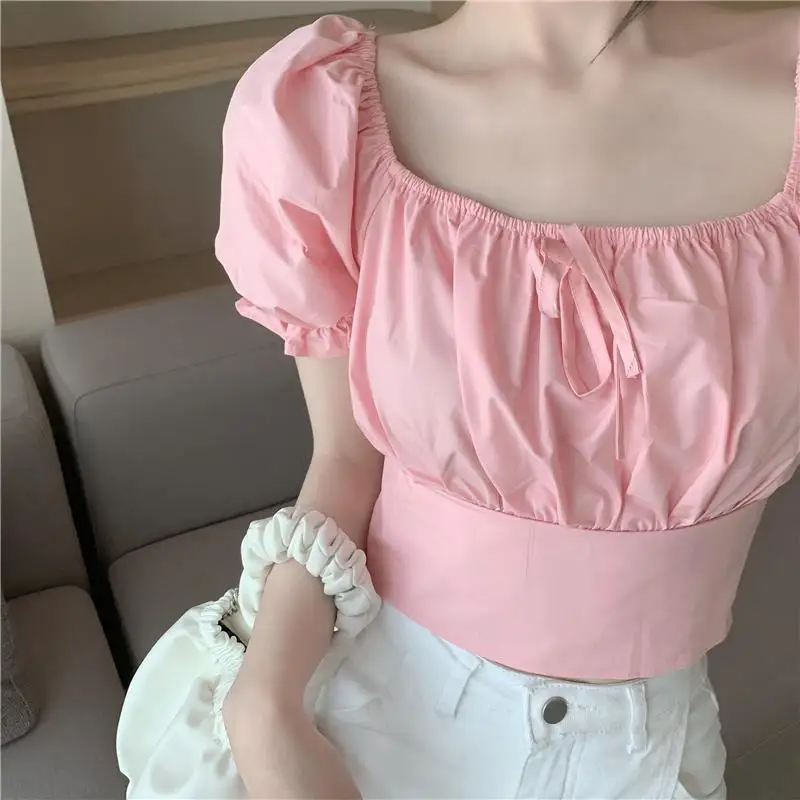 

Shirts Women Bow Lace-up Backless Sexy Square Collar French Style Retro Sweet Puff Sleeve Princess Version Girls Summer Female