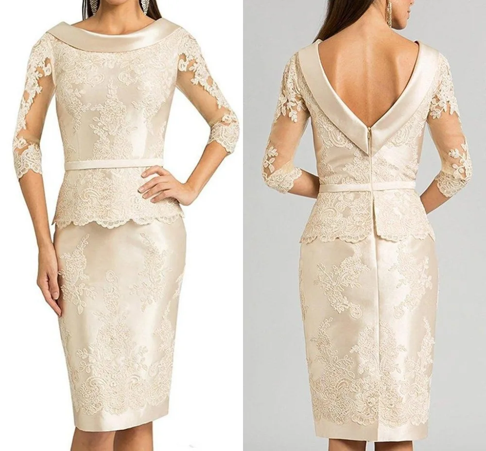 

2018 Backless 3/4 Long Sleeve Sheath Vintage Wedding Guest Formal Evening gown Champagne Lace Short Mother Of the Bride Dresses