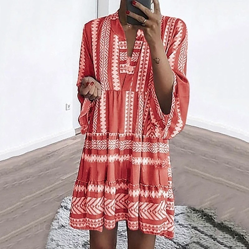 

Summer New Boho Dress Casual Loose Striped Mini Dresses Mini Women 2021 Bohemian Short Beach Dress V-Neck Sundress Femme Vestido