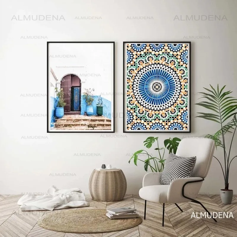

Mosque Blue Door Nordic Poster Morocco Building Wall Art Canvas Painting Religion School Wall Picture For Living Room Home Decor