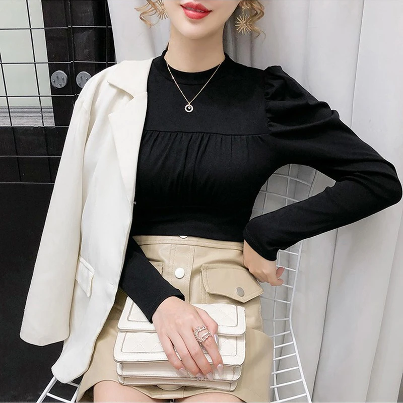 

Women Autumn Casual Spliced White Shirt Women Top Fashion Vintage Women Shirts Blouses Puff Sleeve Pullover Cotton Blouses 11206