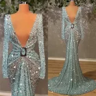 Синие дизайнерские вечерние платья-русалки с V-образным вырезом и длинным рукавом, роскошное платье с блестками и бусинами для выпускного вечера, индивидуальный пошив