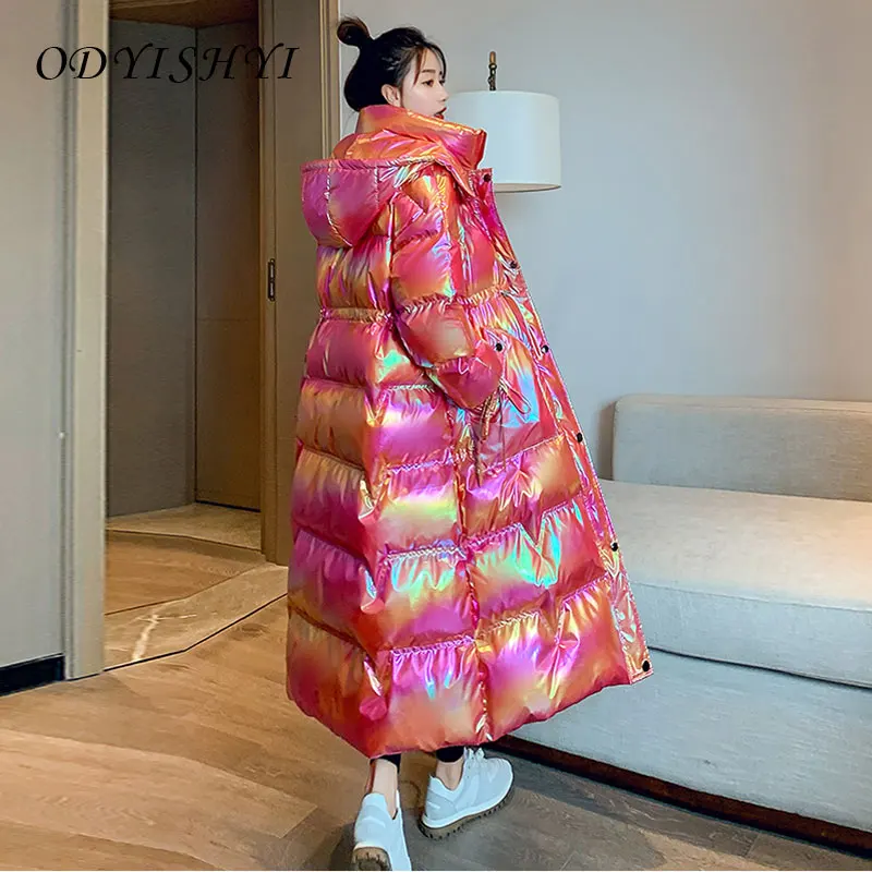 

Цветное пуховое хлопковое пальто, женская парка, глянцевое облегающее длинное пальто с регулируемой талией, утепленная новая зимняя белая ...