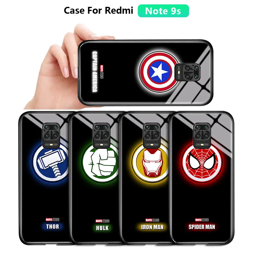 Светящийся чехол накладка из закаленного стекла с логотипом Мстителей