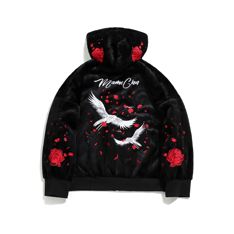 

Rose Embroidery Women hoodies Fashion Streetwear Black Pullover Hip hop Sweatshirt Polar Fleece Autumn Winter Girls Coat