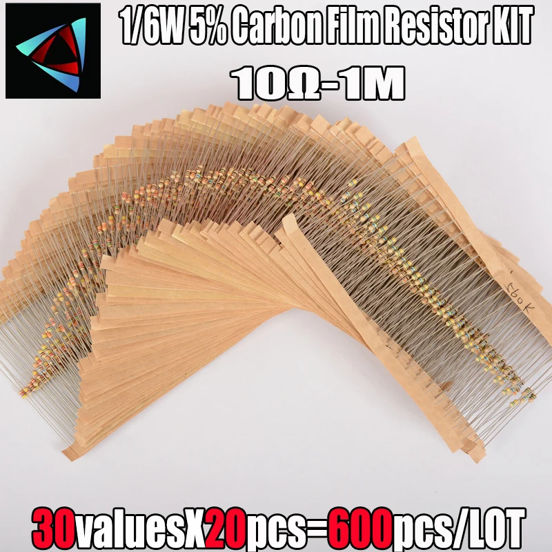 Juego de resistencias de película de carbono, Kit surtido de 1K, 10K, 600 K, 220ohm, 1M, 5% unids/set, 30 tipos, 1/6W, 100 unids/set