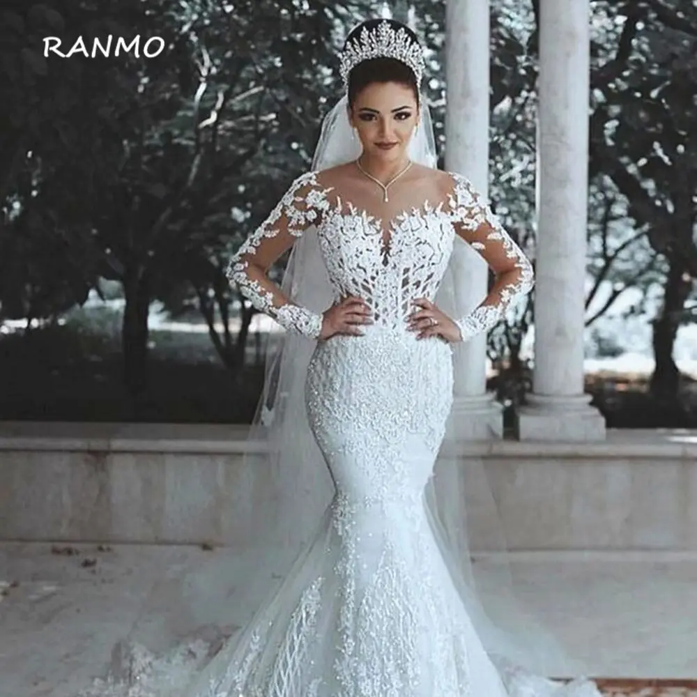 

RANMO 2021 Sparkly Lace Wedding Dress Mermaid Illusion Bodice vestido de noiva Long Sleeve Sheer Neck Appliques Bridal Gowns