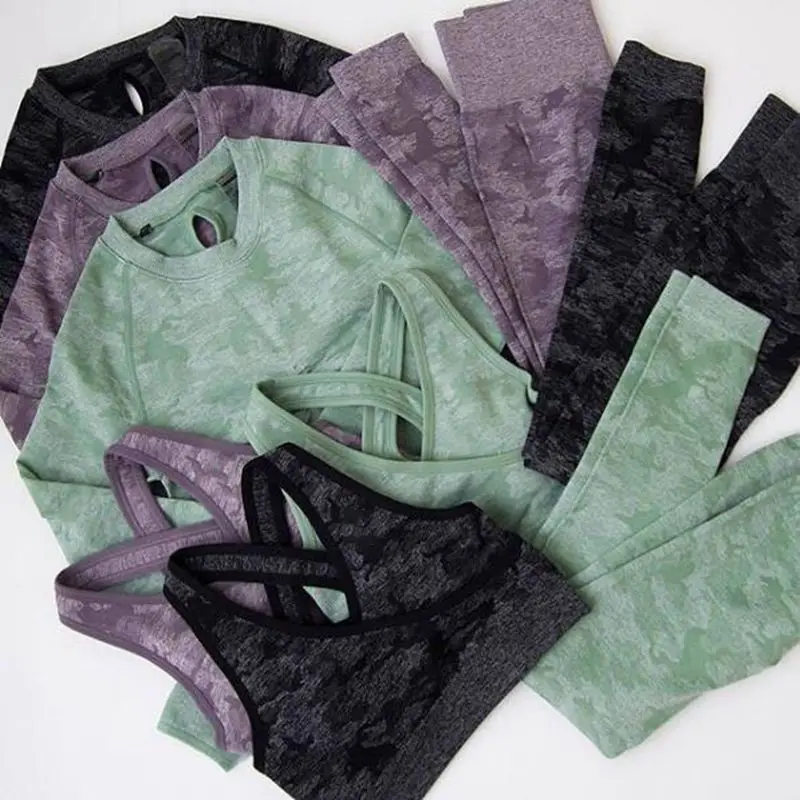 Женский комплект для йоги бесшовный Камуфляжный Топ с длинным рукавом рубашка