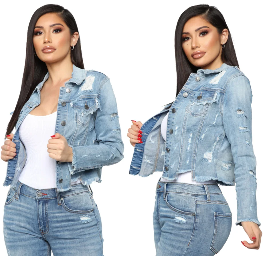 

Ursuper Worn Washed Ripped Denim Sun Protection Long Sleeve Woman Jacket Coat