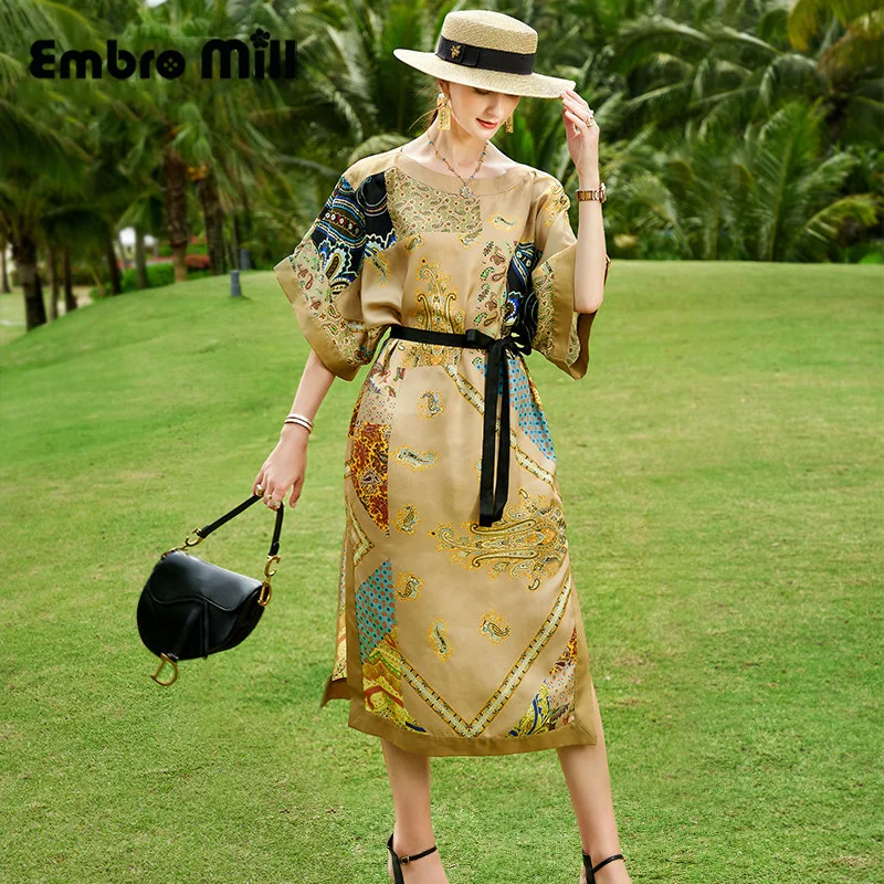 

High-End Женские Новые Летние Элегантные уличные Стиль середины Длина натурального шелка с принтом + ремень, комплект рукав «летучая мышь» Своб...