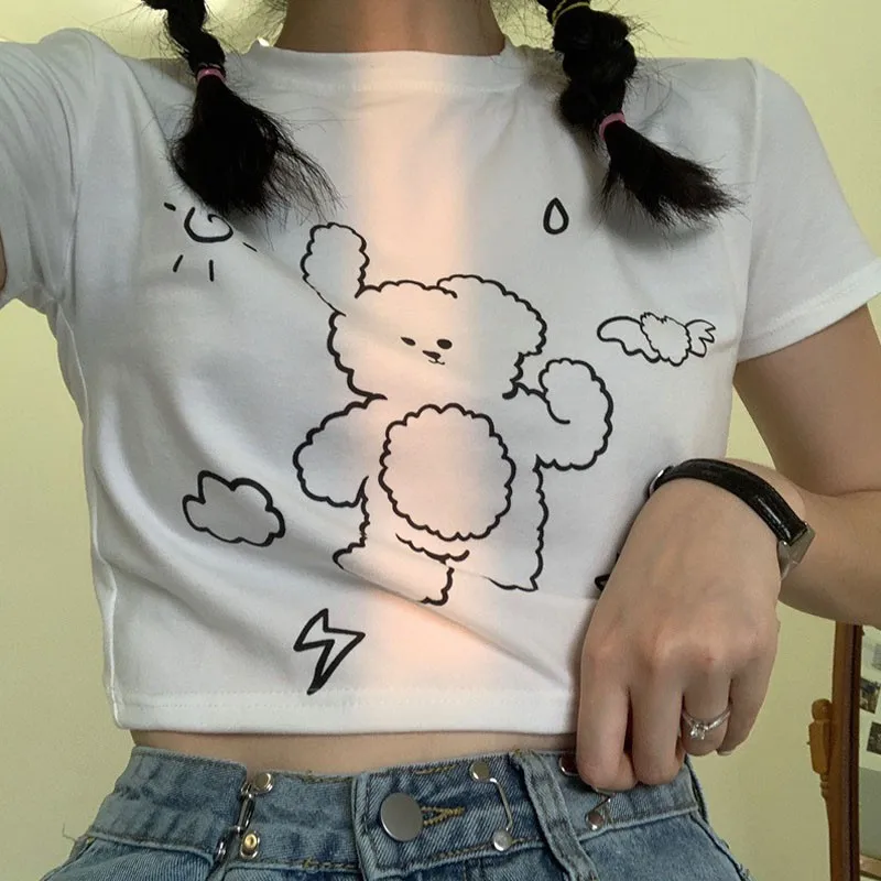 

Bear Print Short Round Neck Half-sleeved T-shirt Women's Tight Summer Korean Style Of The Slim Exposed Navel Top Women's Clothin