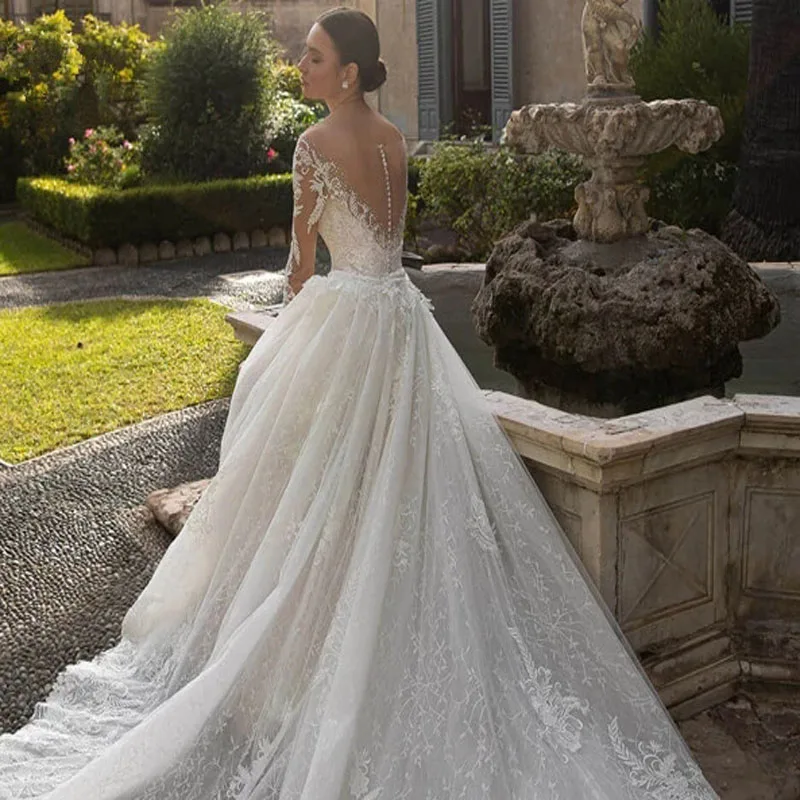

Detachable Wedding Dress Mermaid Bridal Gown Long Sleeve Tulle Applique Bohemian Dubai Arabian Wedding Dress C