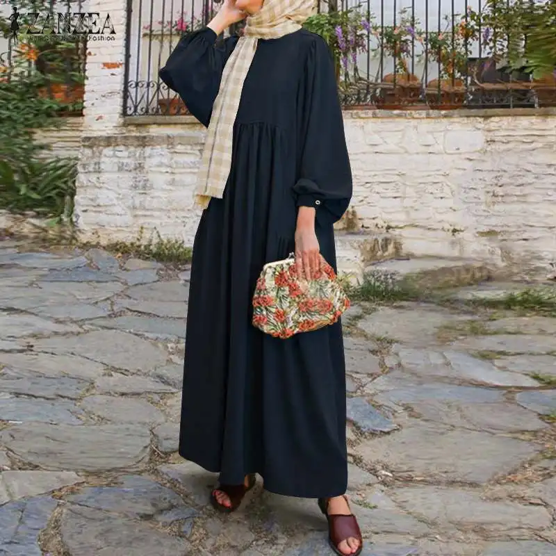 Платье ZANZEA Abaya в стиле турецкого хиджаба, мусульманский Ретро сарафан с длинными рукавами-фонариками, Дубайский сарафан, Повседневная однот...