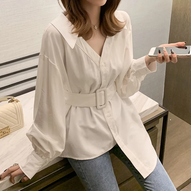 

Houthion New Women's Blouse Fashion Blouses Summer Solid Color Comfortable V-neck Tops Long Sleeve Korean Shirt
