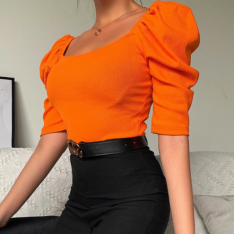 

Women Knitted Crop Tops 2021 Candy Color T-shirts Sexy Slim Tshirt Casual Puff Sleeve Tees Fashion Solid T shirts T307
