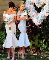 2020 chic tea length trumpet short bridesmaid dresses off the shoulder lace appliqued maid of honor gown robe de soriee
