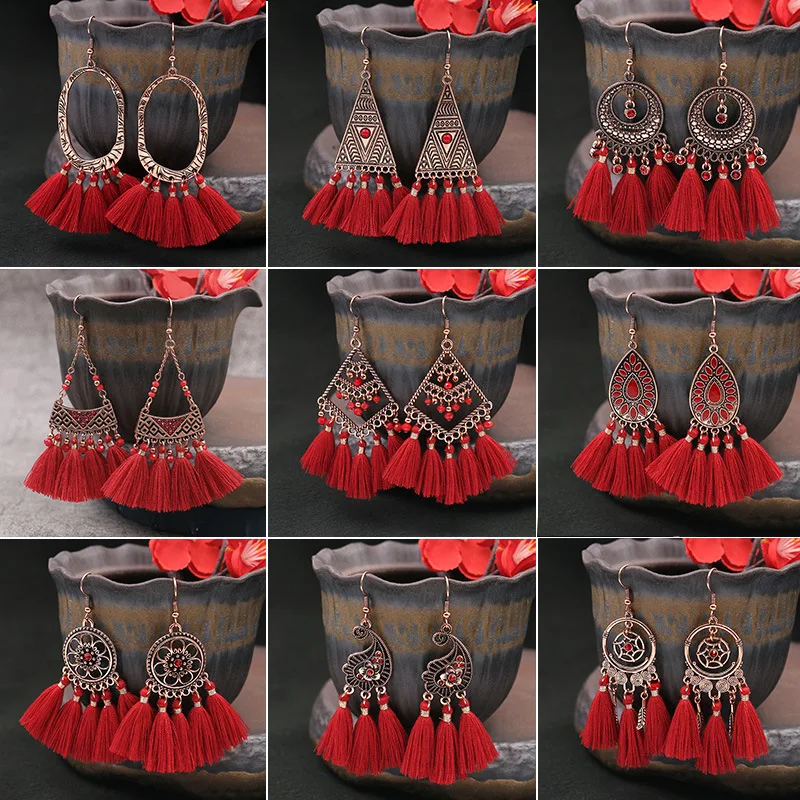 

Retro Bohemian Red Tassel Earrings for Women National Style Metal Red Cotton Silk Fabric Fringe Dangler Earrings Jewelry