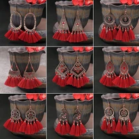 retro bohemian red tassel earrings for women national style metal red cotton silk fabric fringe dangler earrings jewelry